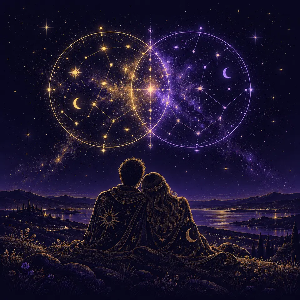 Um casal de costas olha o céu, onde dois círculos de estrelas, um dourado e um lilás, se encontram.